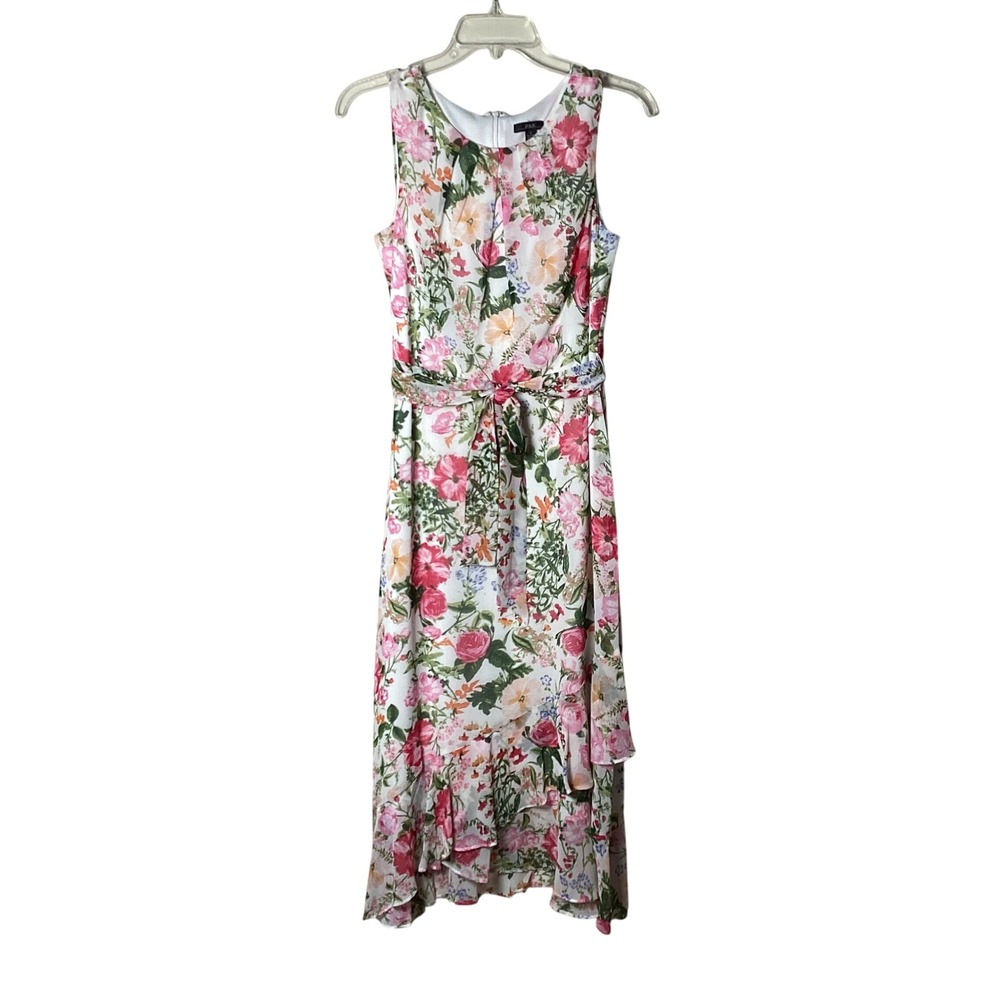 R&K Floral Sleeveless Women Dress Size Six Pink White Ruffle Hem Midi High Low